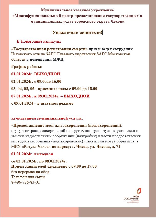 График приема услуг в новогодние каникулы